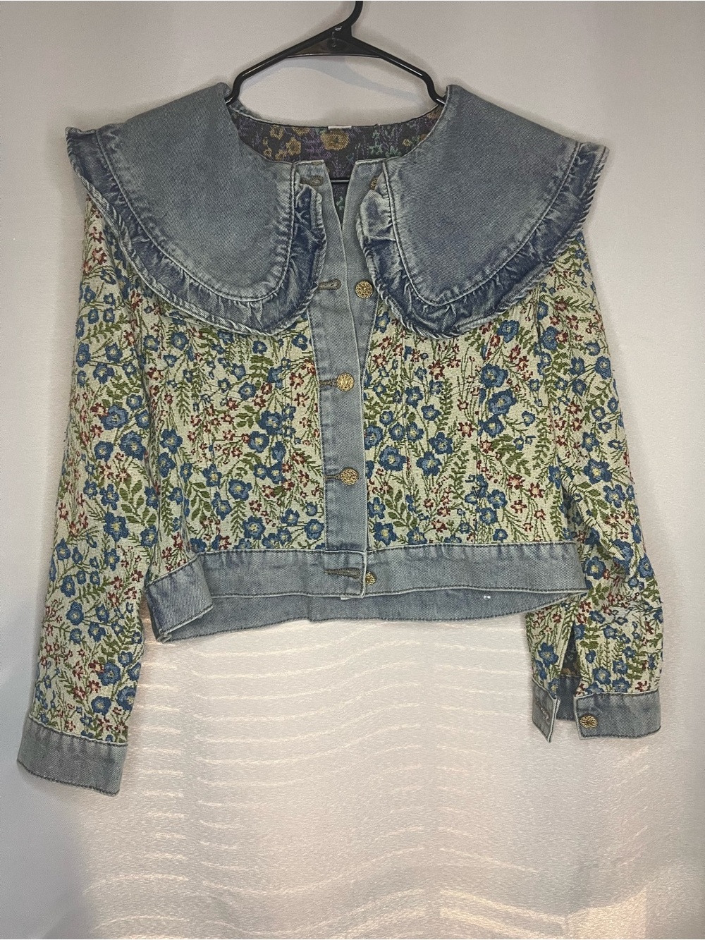 Floral Print Denim Crop Jacket with Contrast Collar - Blue - Picture 2 of 5